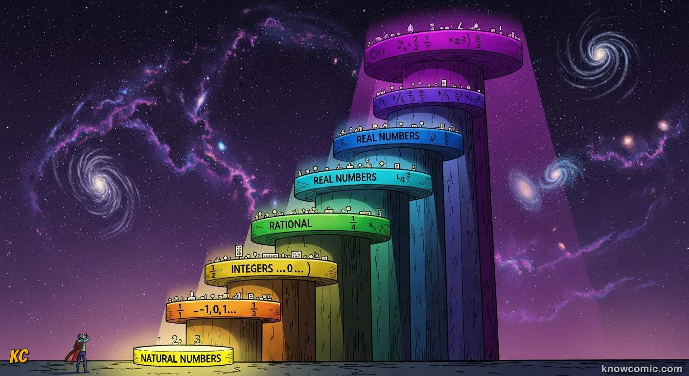 Tower of infinities with countable natural numbers at the base and uncountable real numbers above