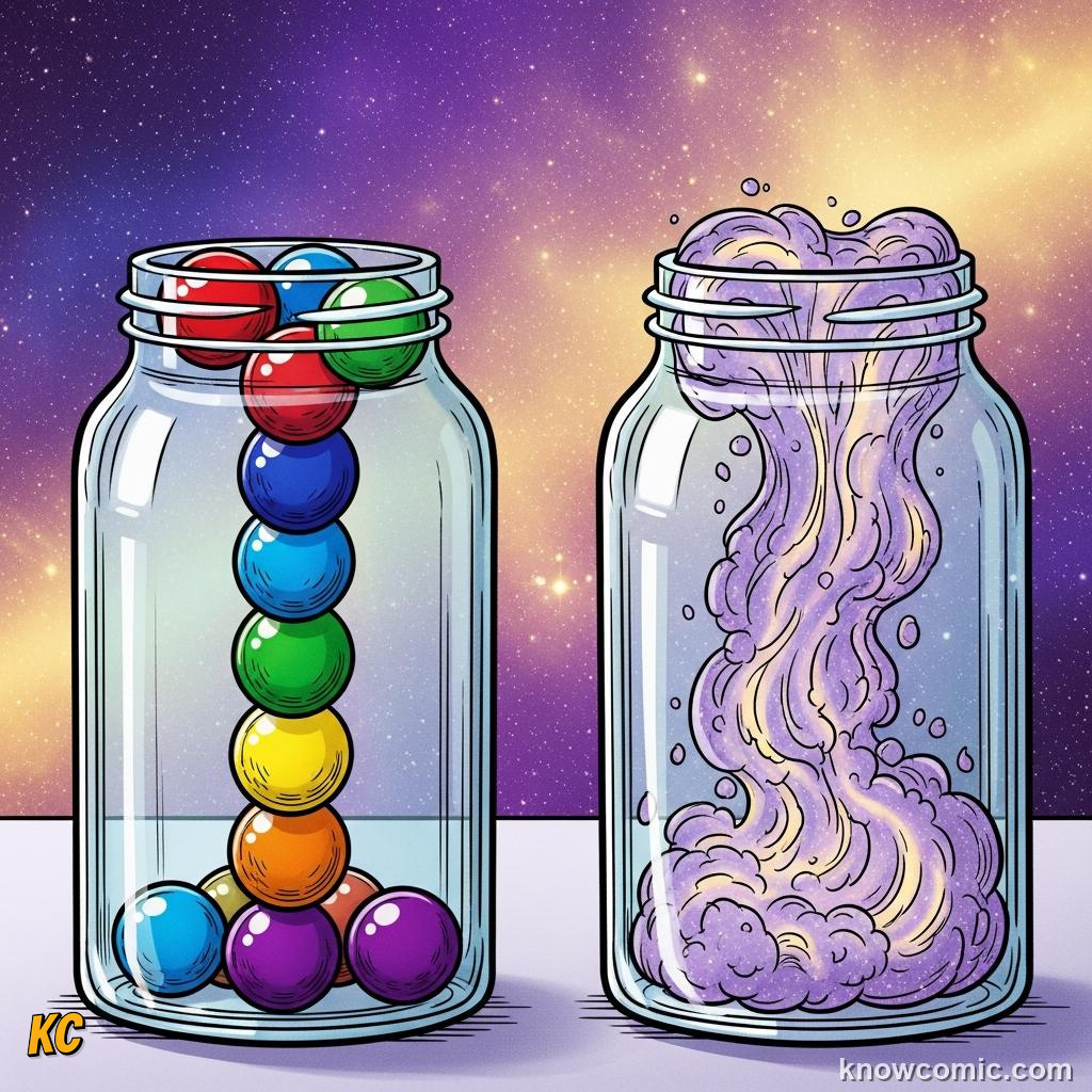 Jar of discrete countable dots beside a continuous flow of liquid comparing countable and uncountable