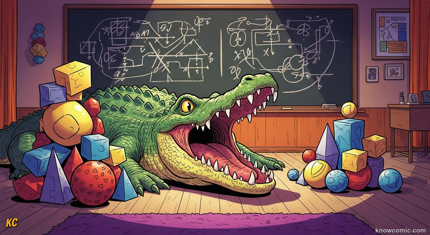 Cartoon alligator with open mouth pointing toward the bigger number