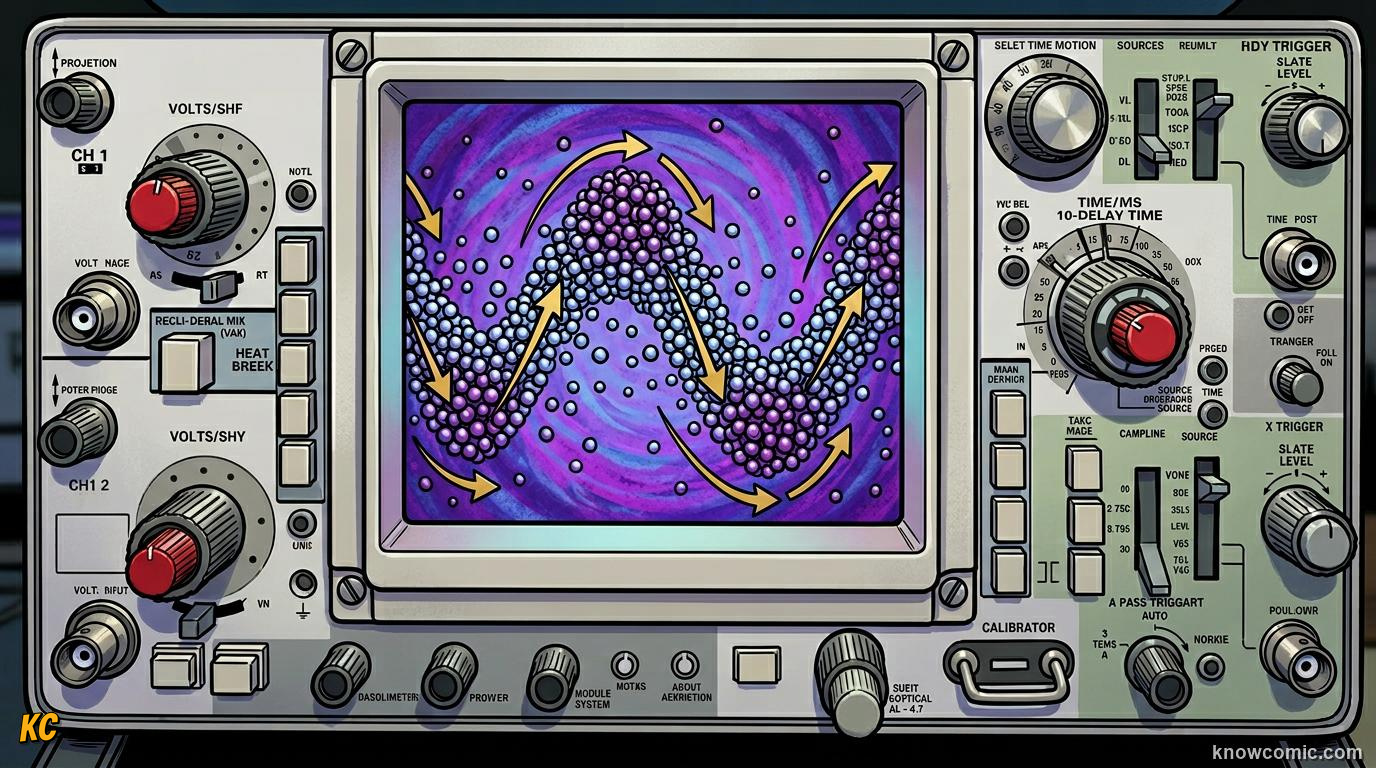 Comic illustration: particles bumping to pass sound energy