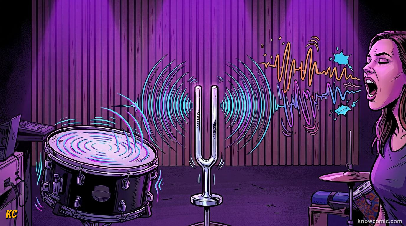 Comic illustration: drum, tuning fork, and other sound sources