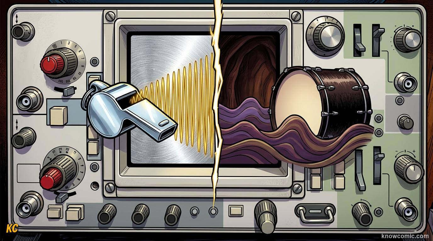 Comic illustration: high and low pitch sound waves compared side by side
