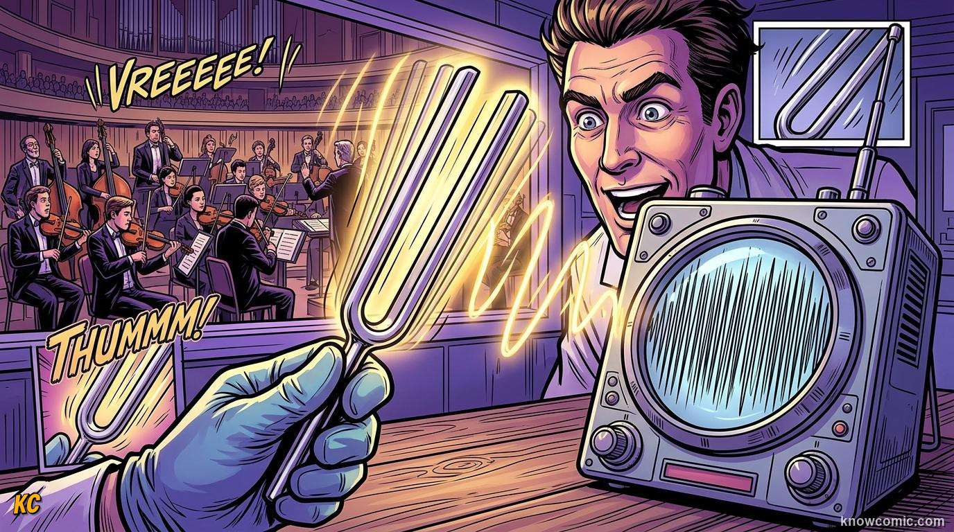 Comic illustration: scientist measuring frequency in hertz with labeled examples