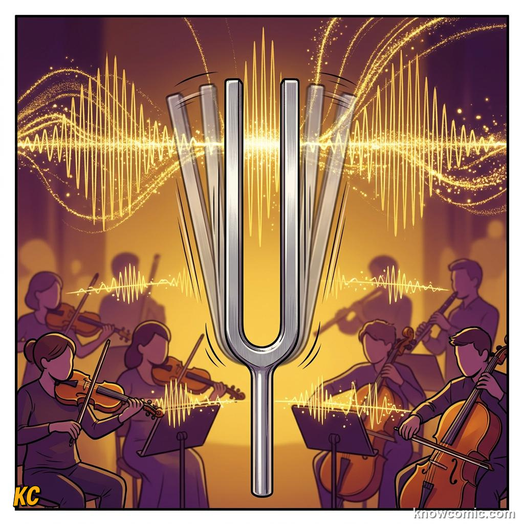 Comic illustration: tuning fork vibrating at 440 hertz, the note A