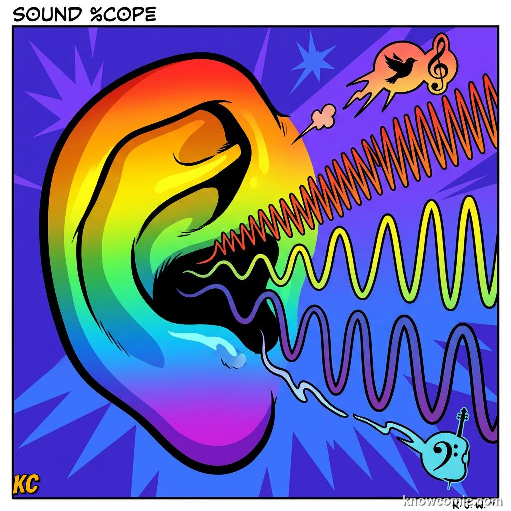 Comic illustration: range of human hearing from low to high hertz