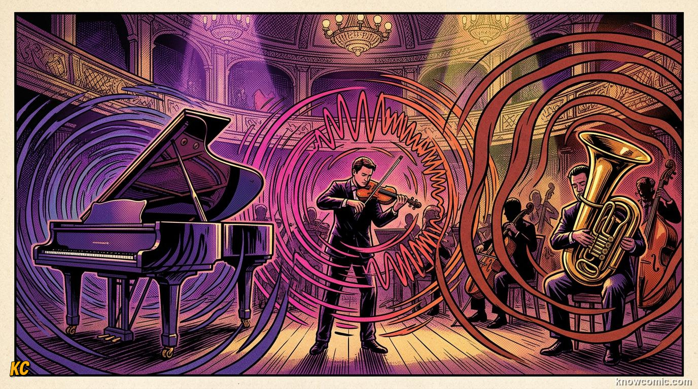 Comic illustration: piano, violin, and tuba showing different pitch ranges
