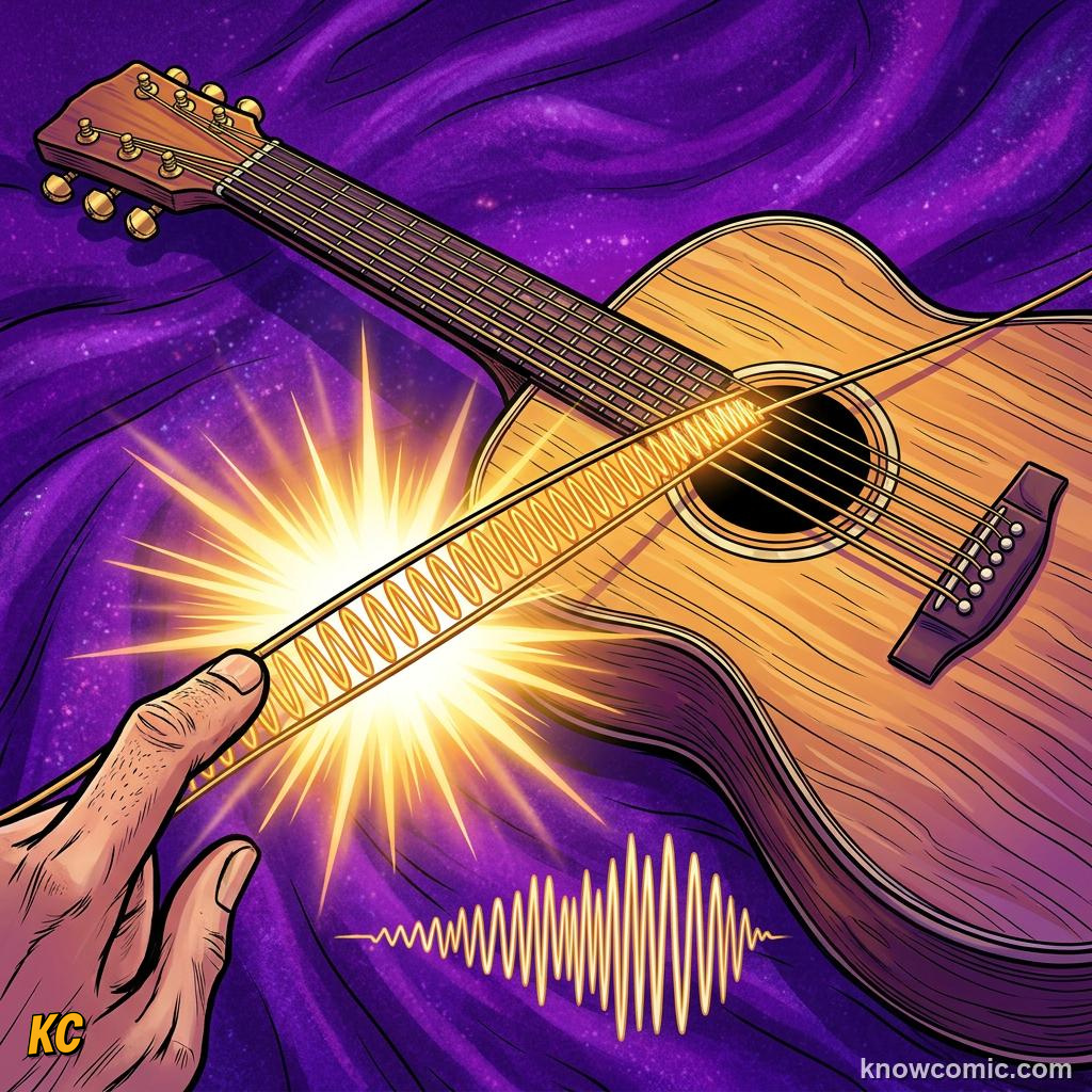Comic illustration: short guitar string vibrating at high frequency
