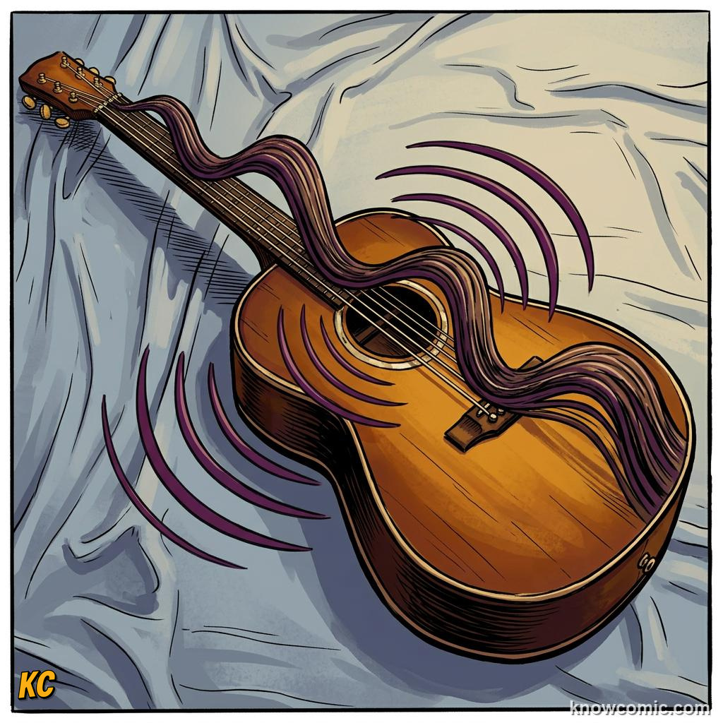 Comic illustration: long guitar string vibrating at low frequency