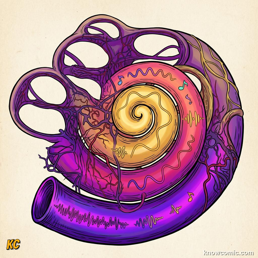 Comic illustration: inner ear detecting different sound frequencies