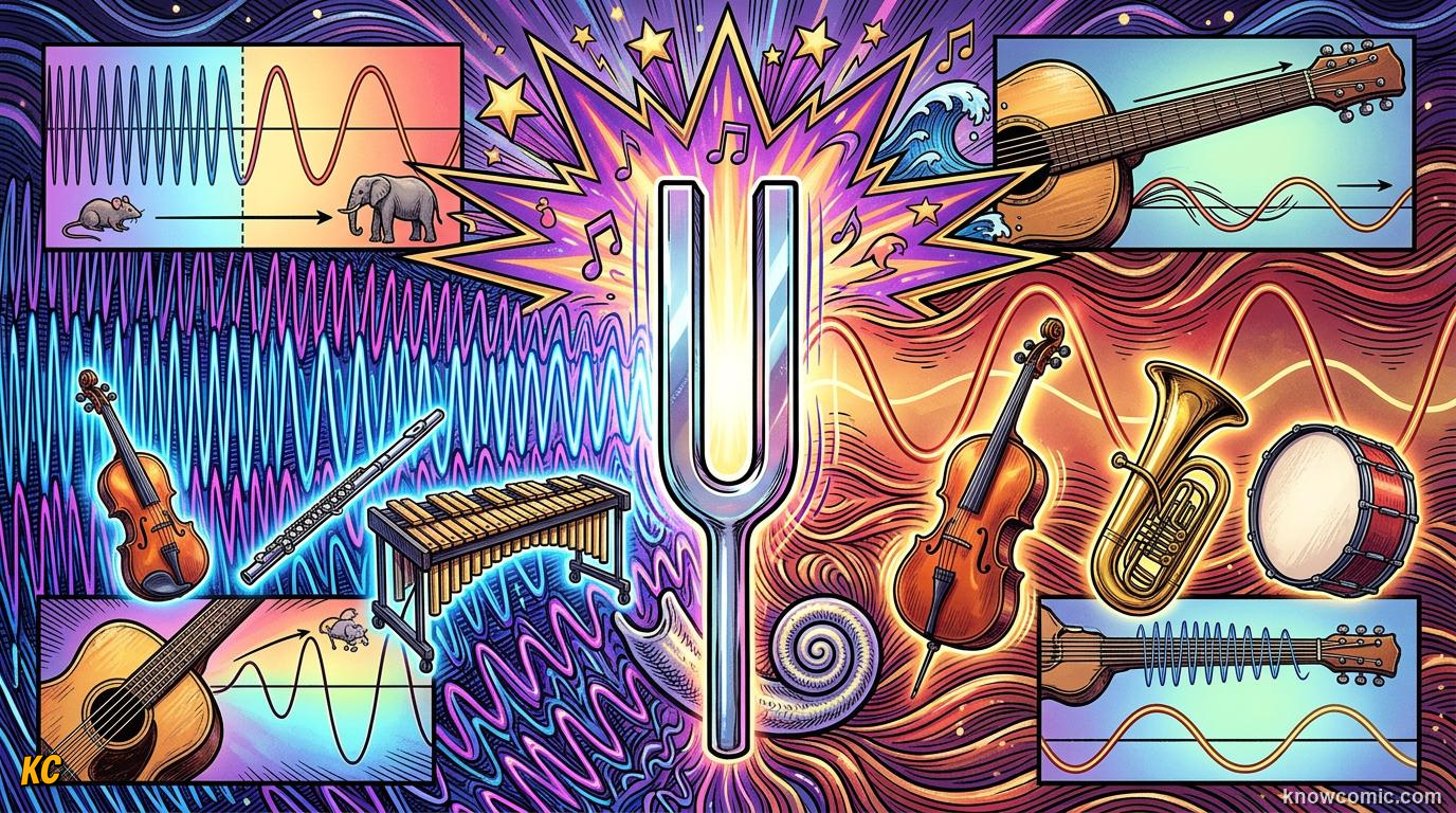 Comic illustration: frequency and pitch recap with wave diagrams and musical notes