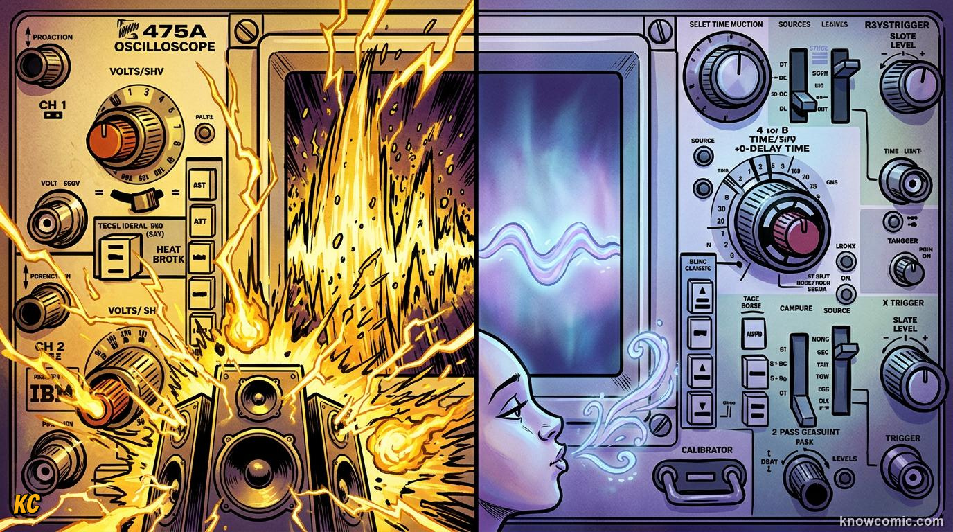 Comic illustration: large and small sound waves showing loud versus soft volume