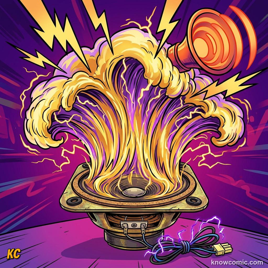 Comic illustration: tall sound wave with high amplitude creating a loud sound