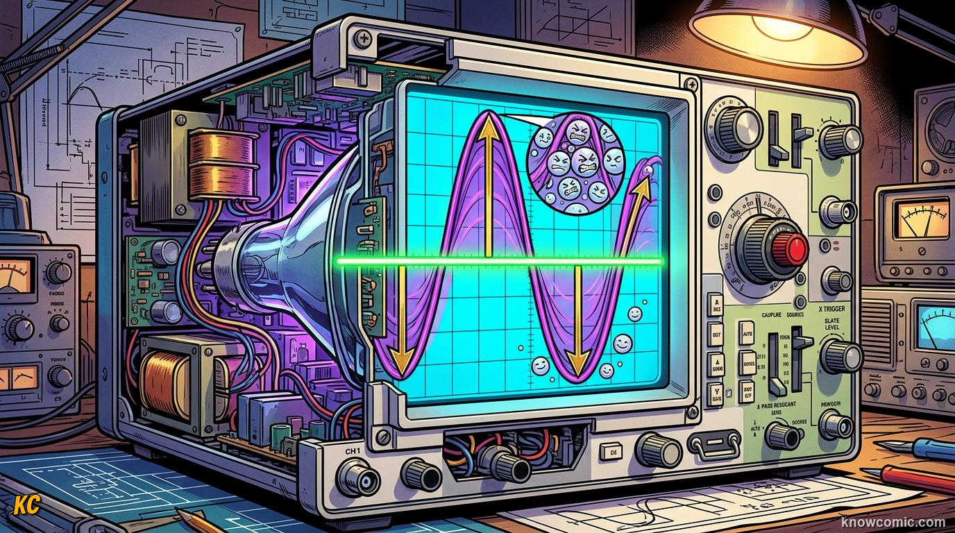 Comic illustration: measuring amplitude as the height of a sound wave from center to peak