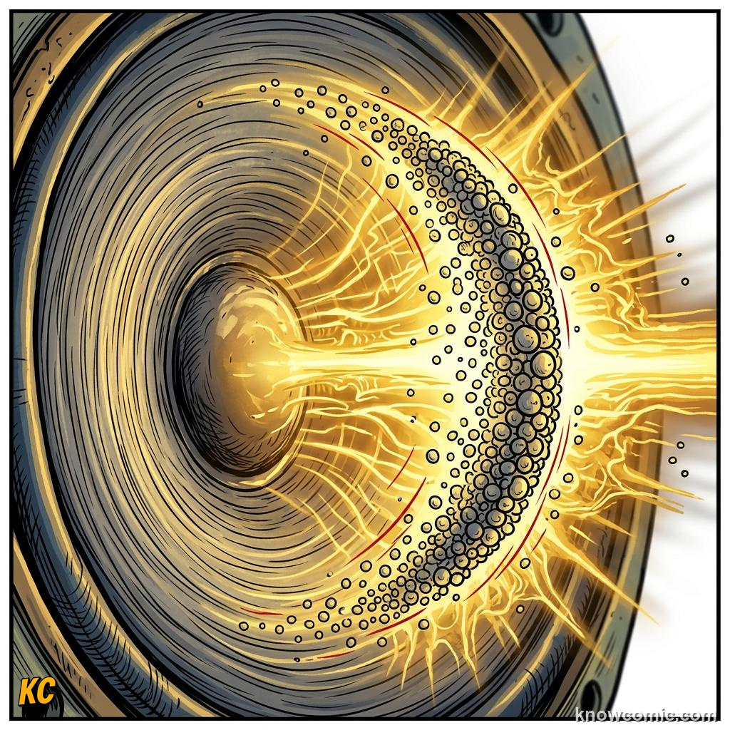 Comic illustration: high amplitude wave pushing air particles with strong force