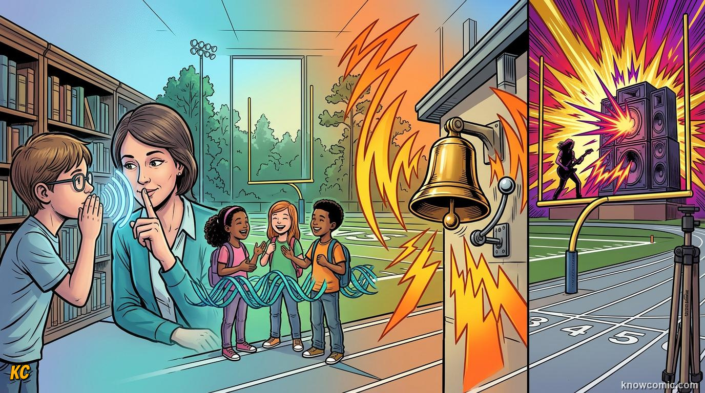 Comic illustration: decibel scale from whisper to concert showing everyday sound levels