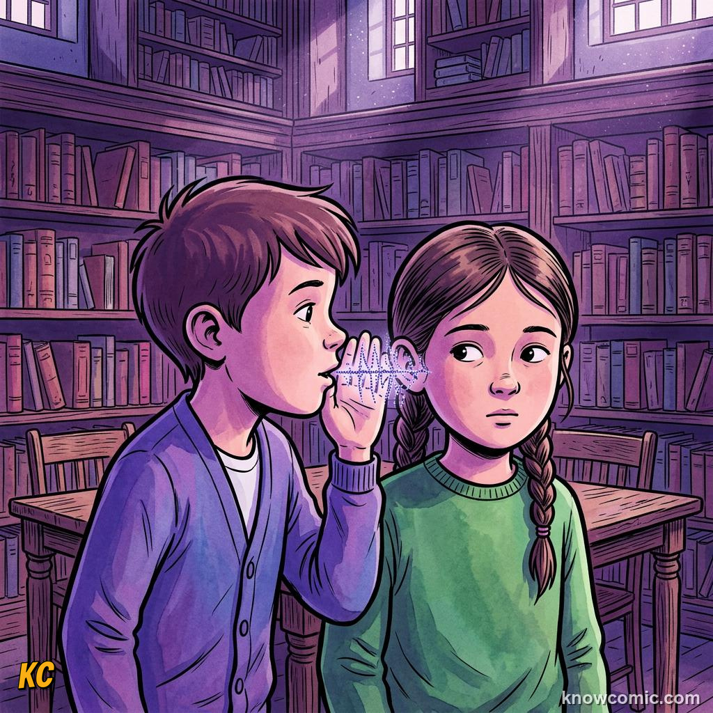 Comic illustration: person whispering with small low-amplitude sound waves
