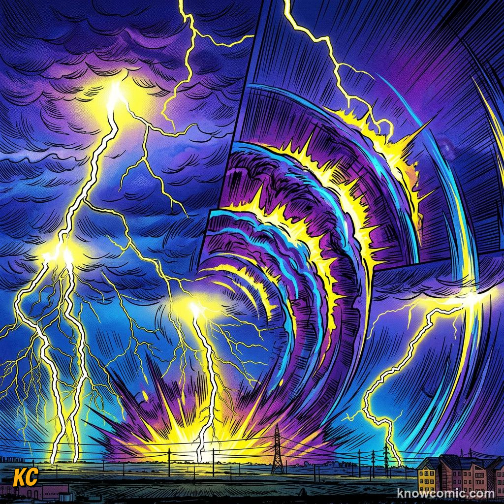 Comic illustration: thunderstorm with massive high-amplitude sound waves
