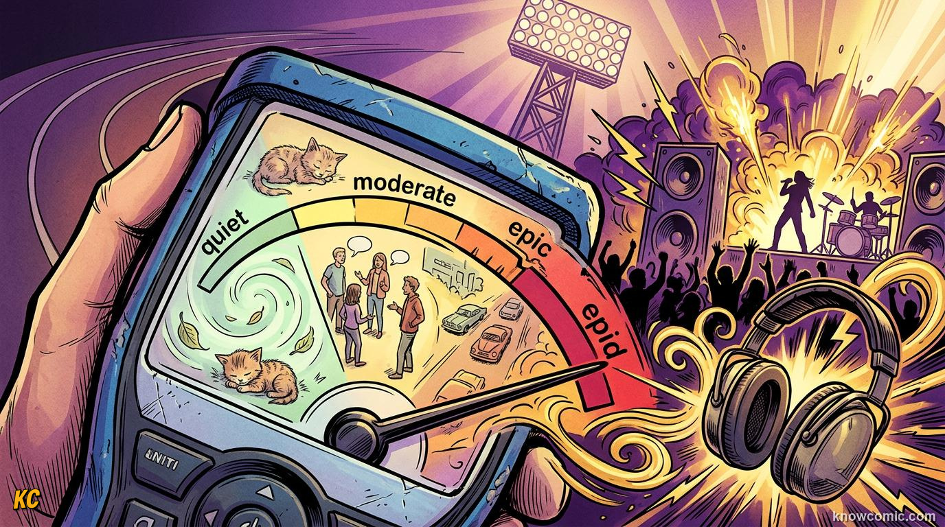 Comic illustration: decibel meter measuring sound levels from quiet to loud