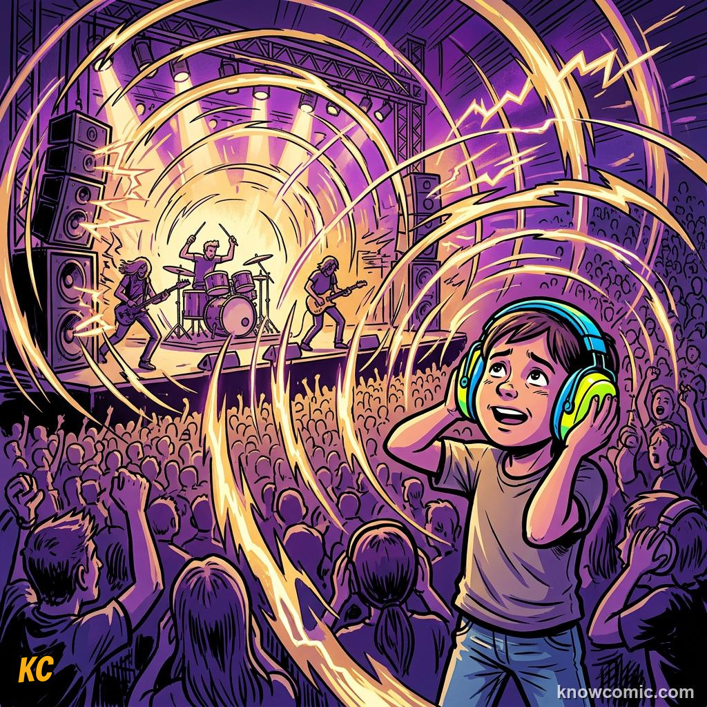 Comic illustration: concert and siren at high decibel levels requiring ear protection