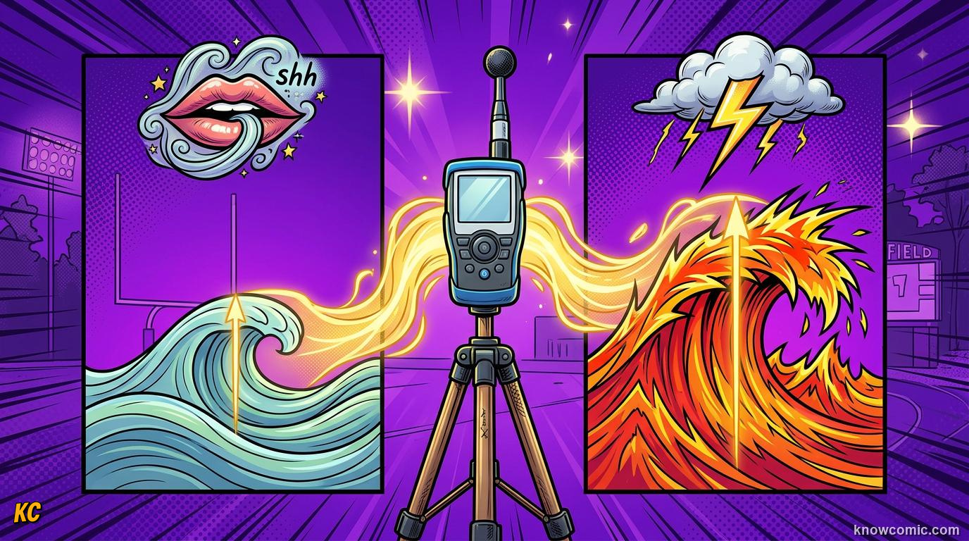 Comic illustration: amplitude and volume recap with wave height and decibel scale