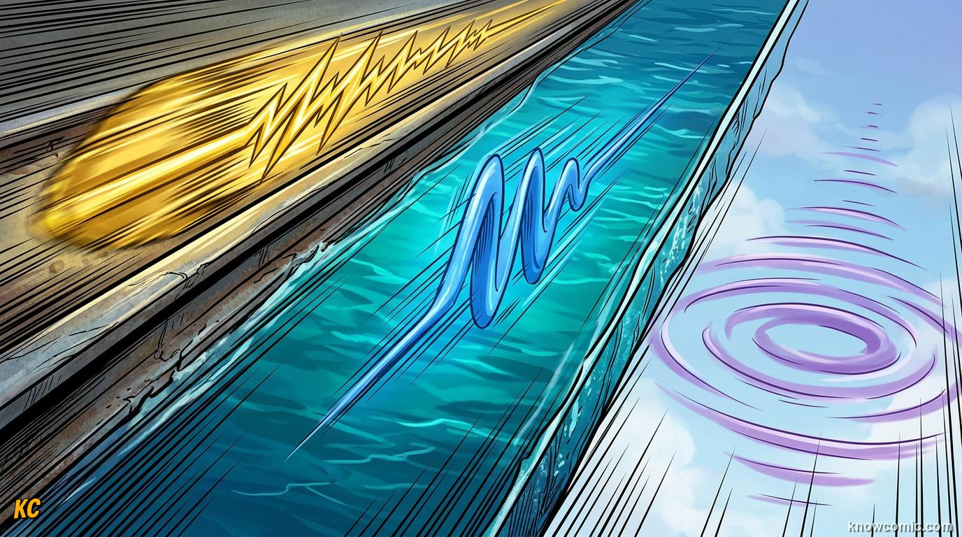 Comic illustration: sound traveling at different speeds through steel, water, and air