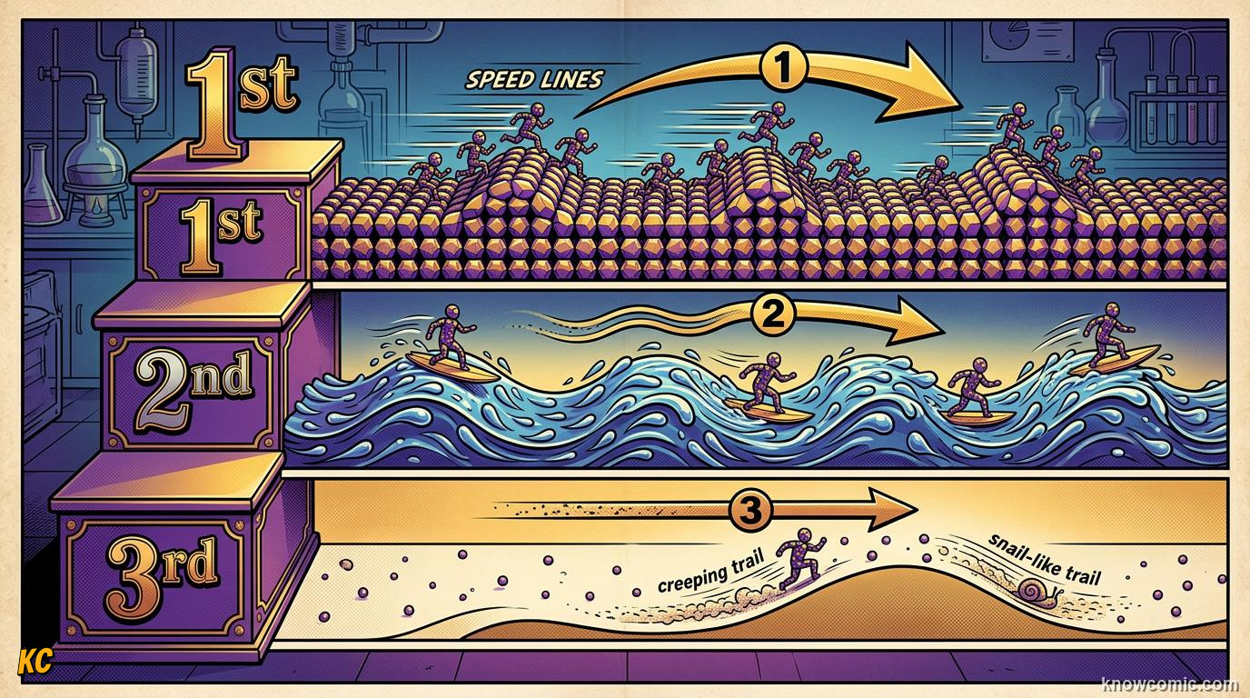 Comic illustration: comparing sound speed in solid, liquid, and gas