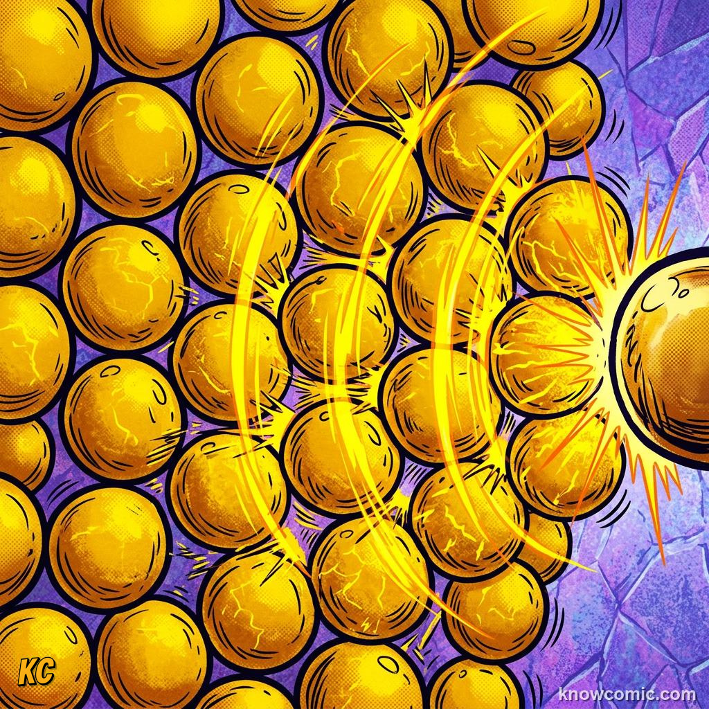 Comic illustration: tightly packed particles in a solid passing vibration