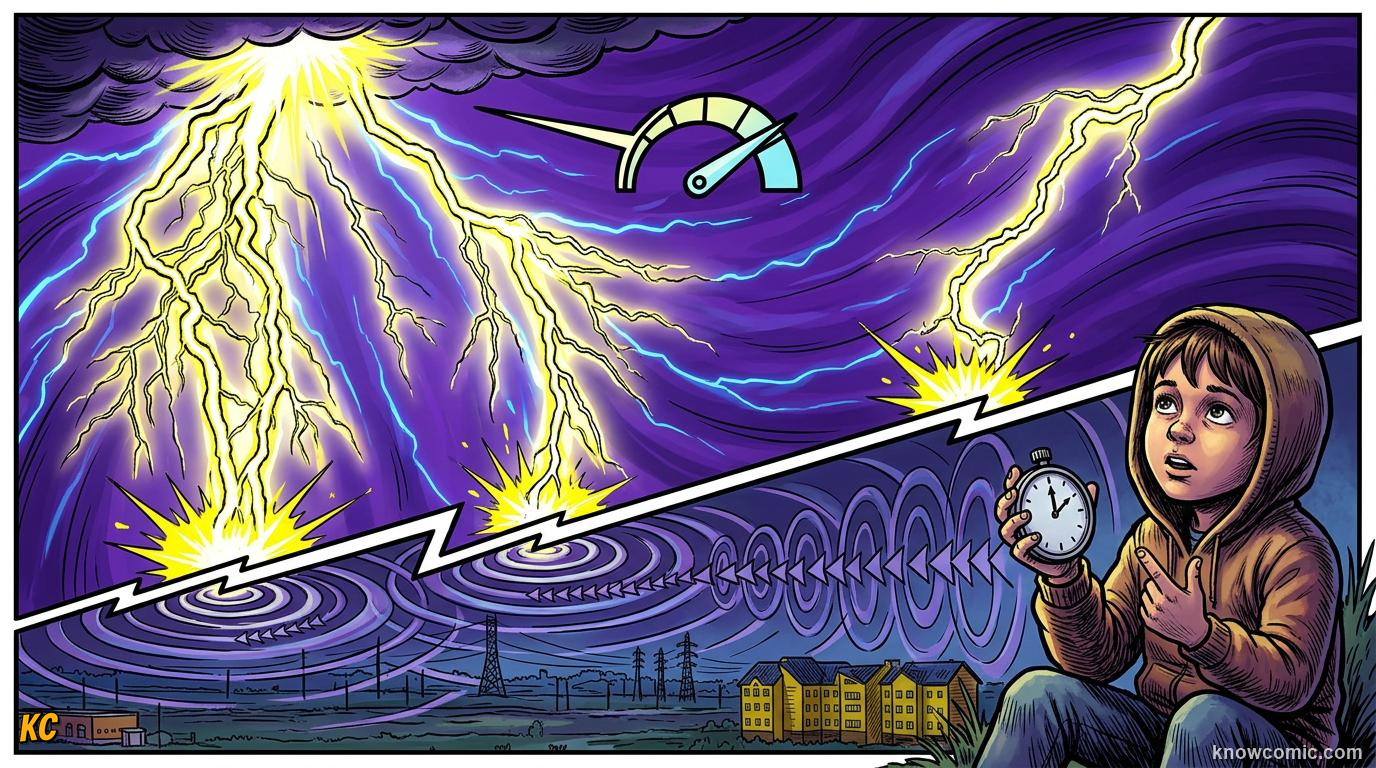 Comic illustration: lightning flash before thunder and sonar in water