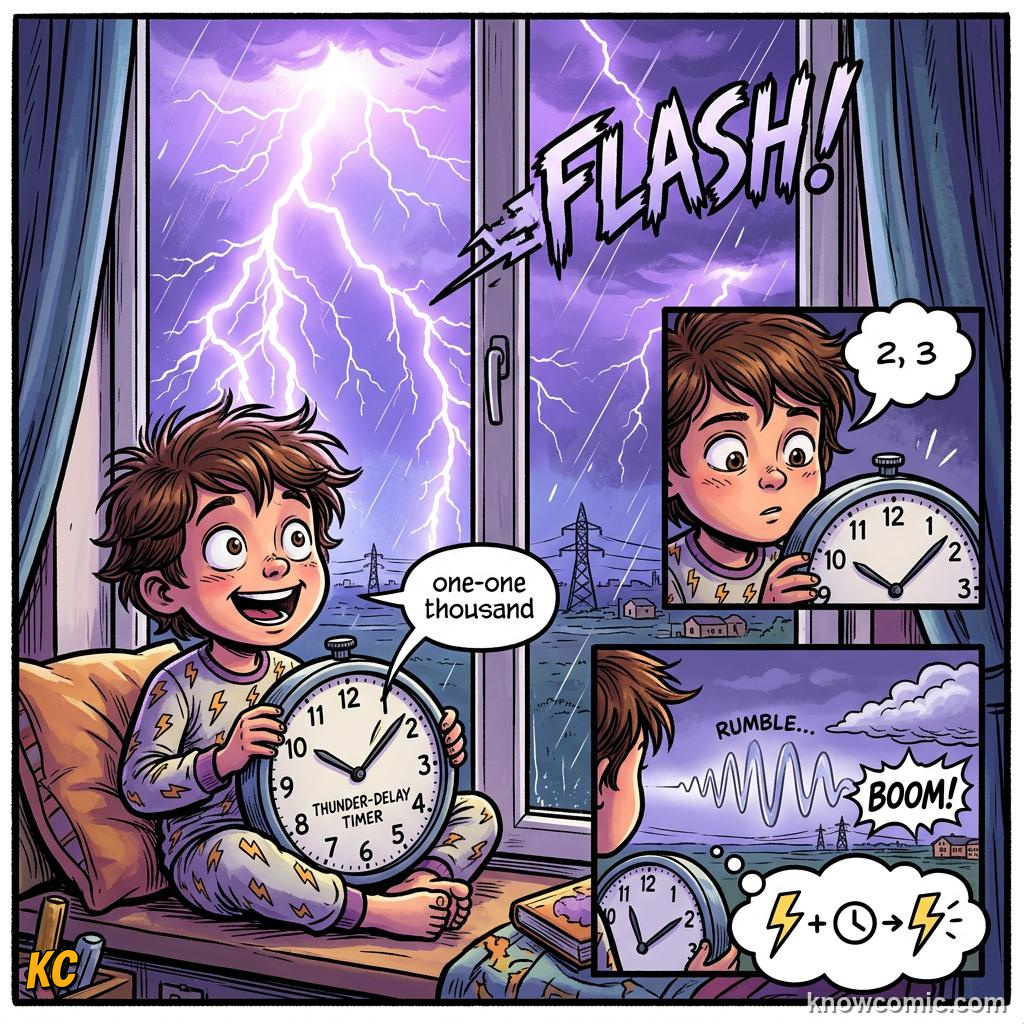 Comic illustration: counting seconds between lightning and thunder