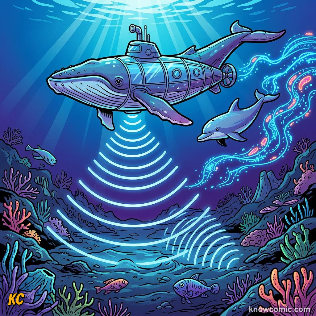 Comic illustration: sonar pulses traveling through water