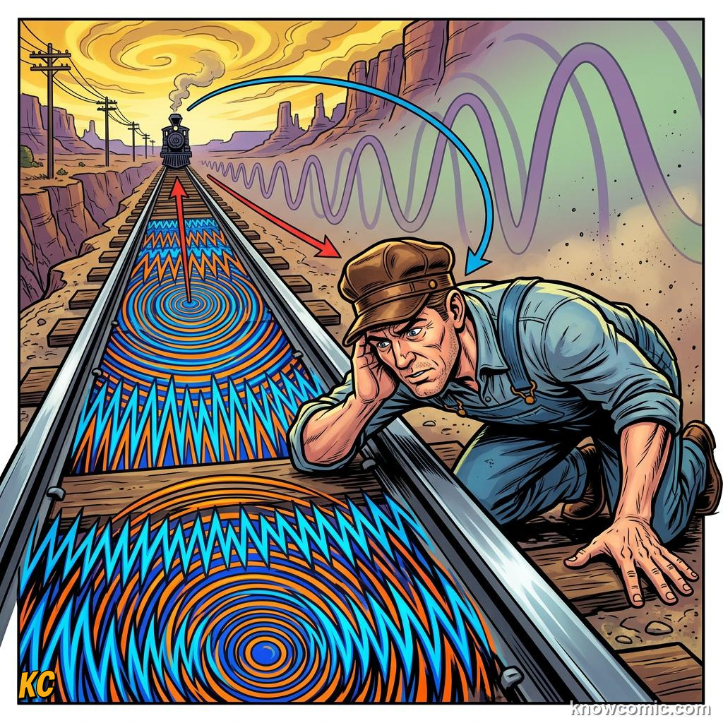 Comic illustration: hearing a train through a railroad track