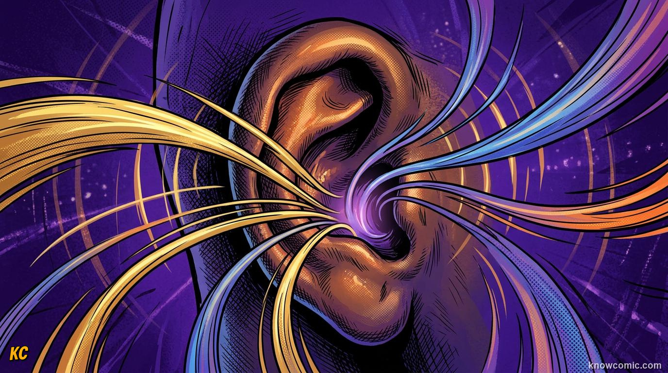 Comic illustration: sound waves entering the outer ear