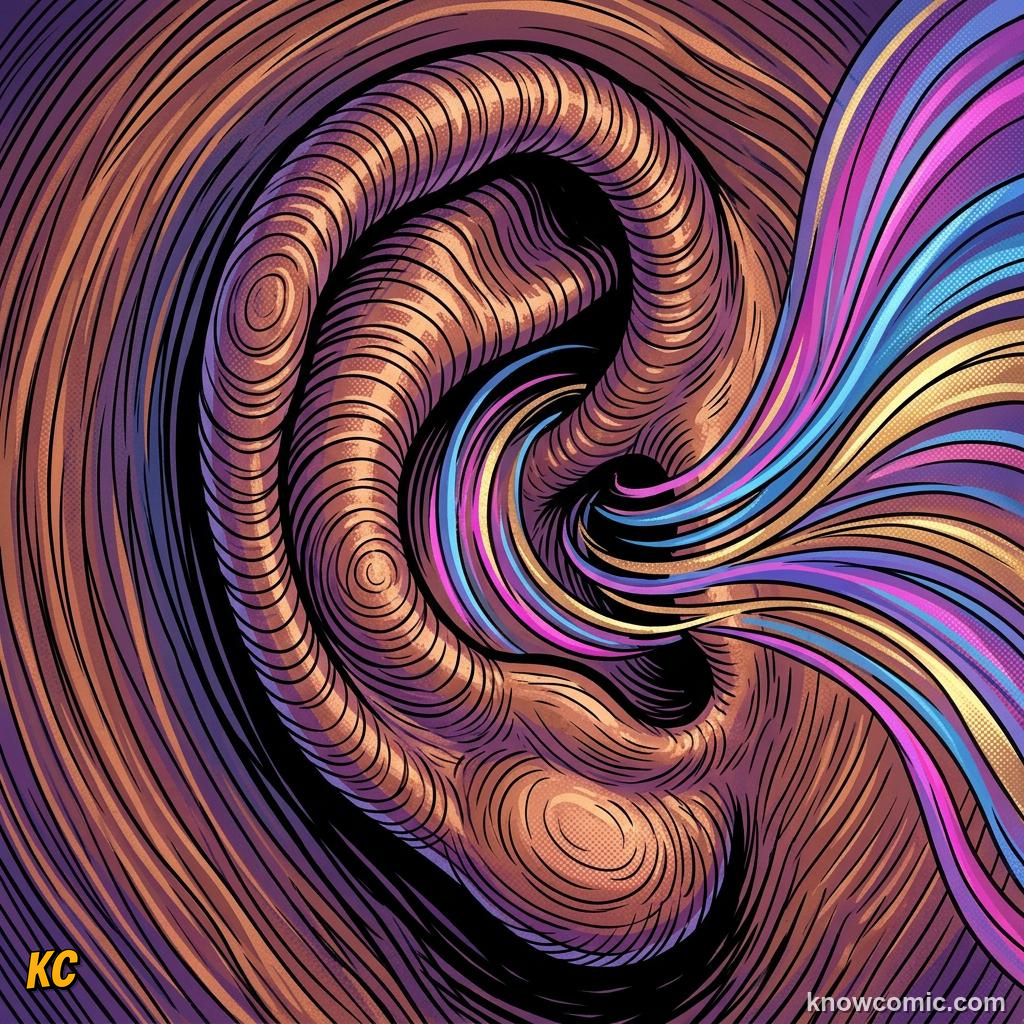 Comic illustration: the pinna and ear canal collecting sound