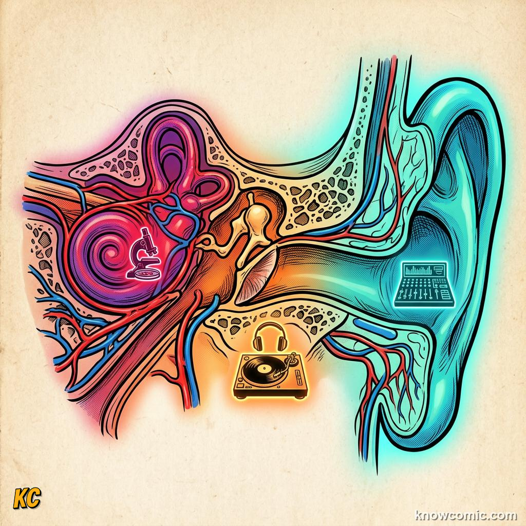 Comic illustration: outer, middle, and inner ear labeled