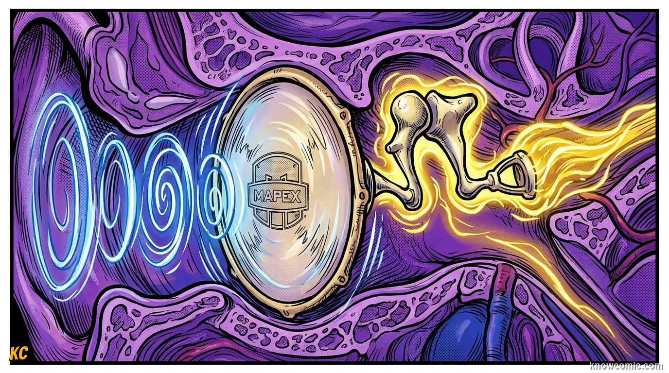 Comic illustration: eardrum vibrating and ossicle bones moving