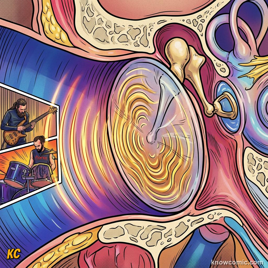 Comic illustration: the eardrum vibrating from sound pressure