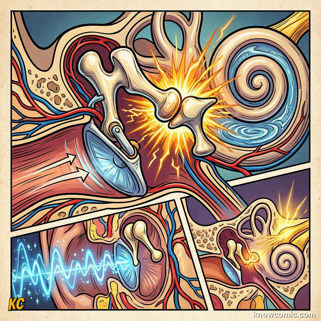 Comic illustration: the hammer ossicle bone attached to the eardrum