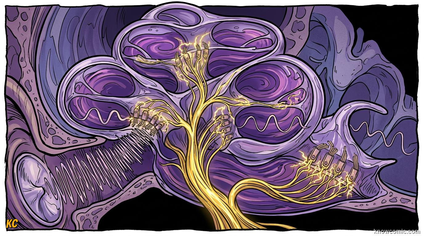 Comic illustration: fluid waves moving through the cochlea