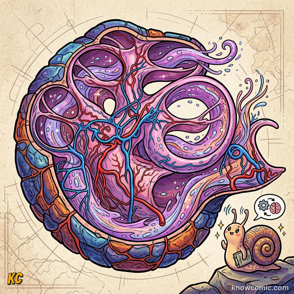 Comic illustration: the cochlea spiral shaped like a snail shell
