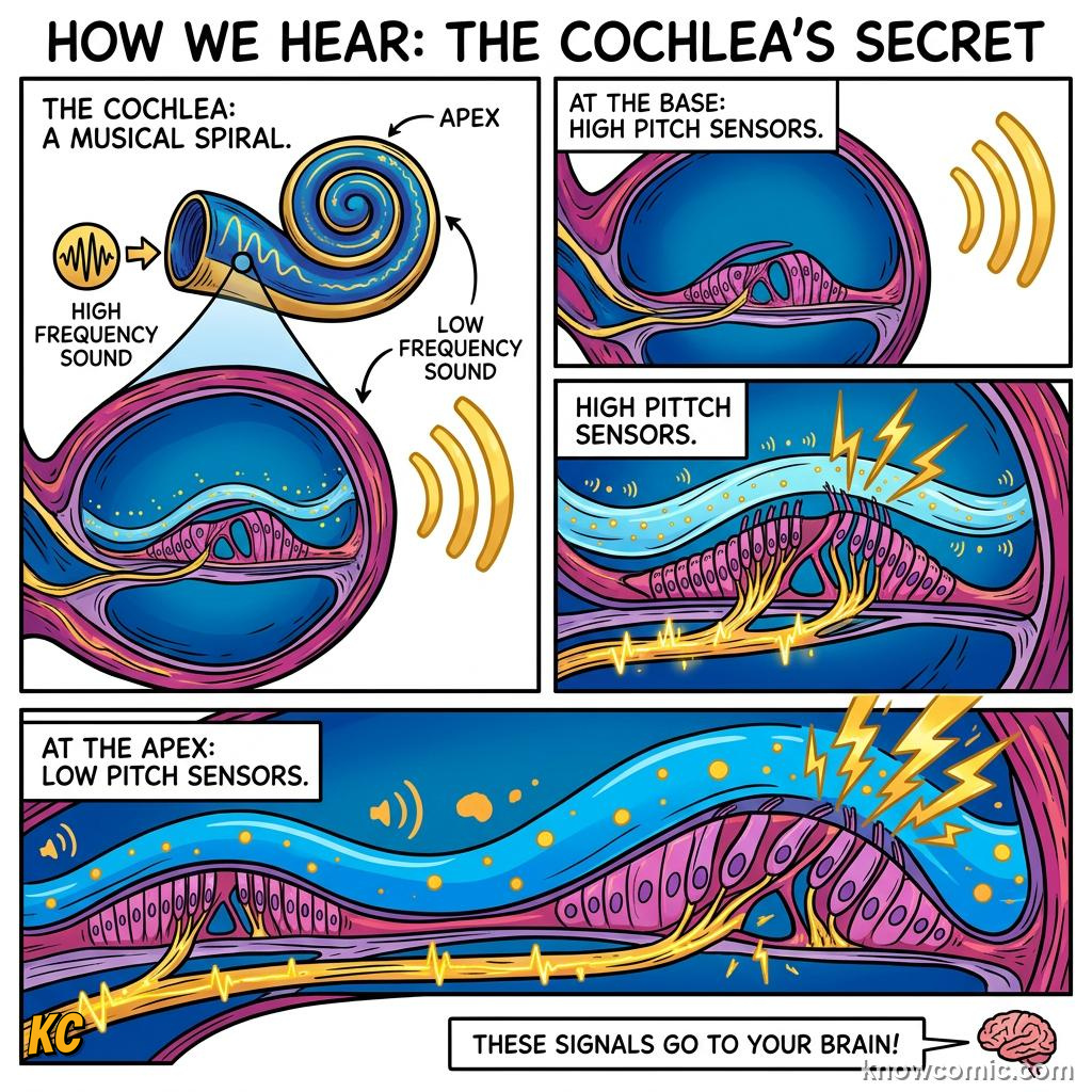 Comic illustration: tiny hair cells inside the cochlea detecting pitch