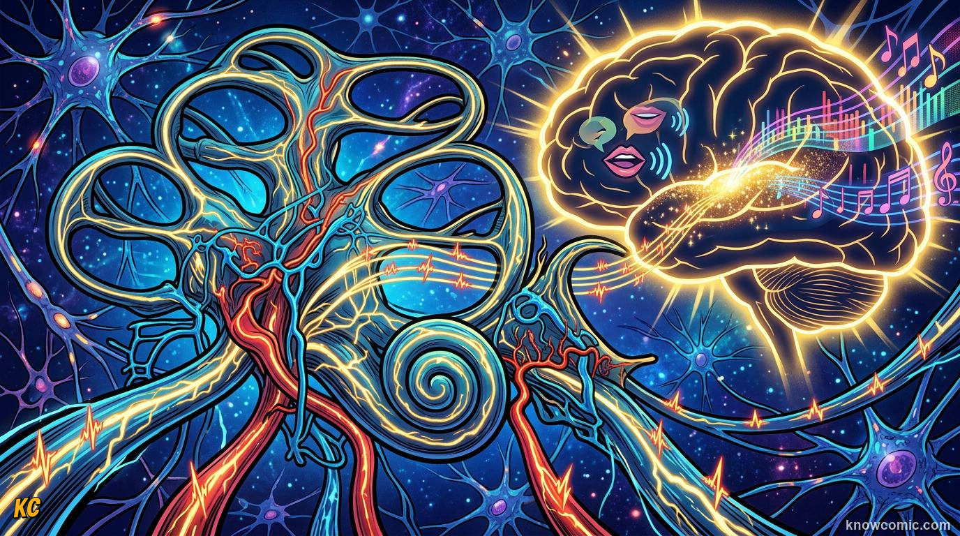 Comic illustration: auditory nerve carrying signals from ear to brain