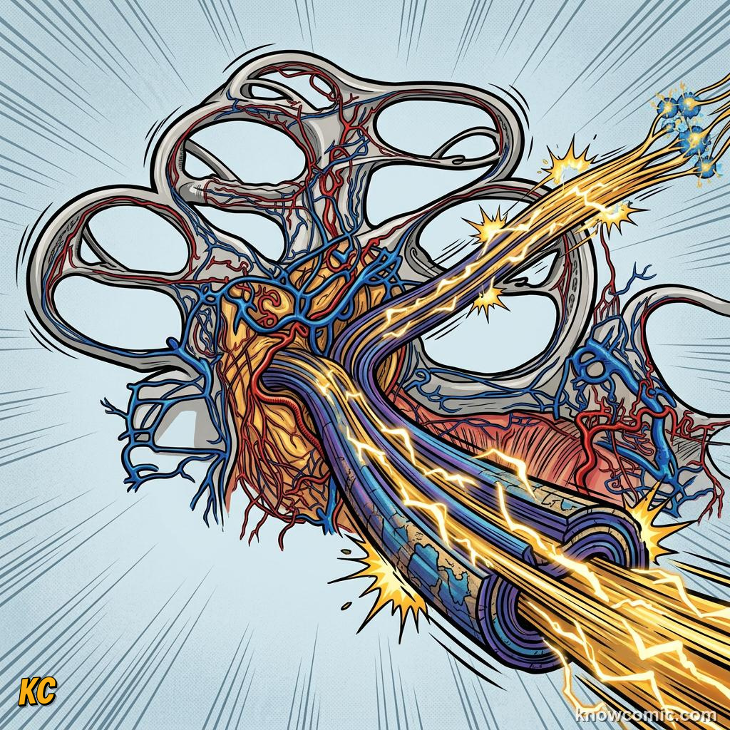 Comic illustration: the auditory nerve bundle leaving the inner ear