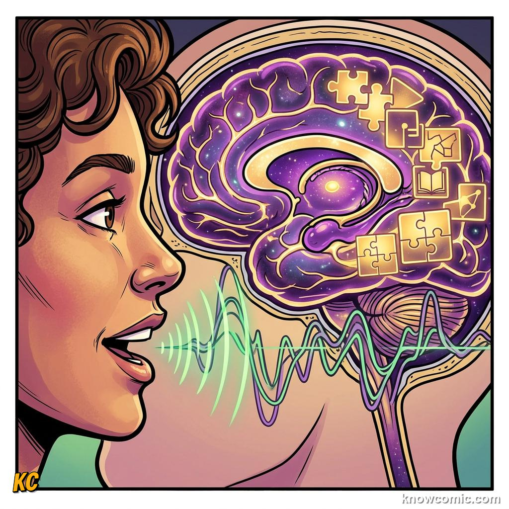 Comic illustration: brain recognizing spoken words