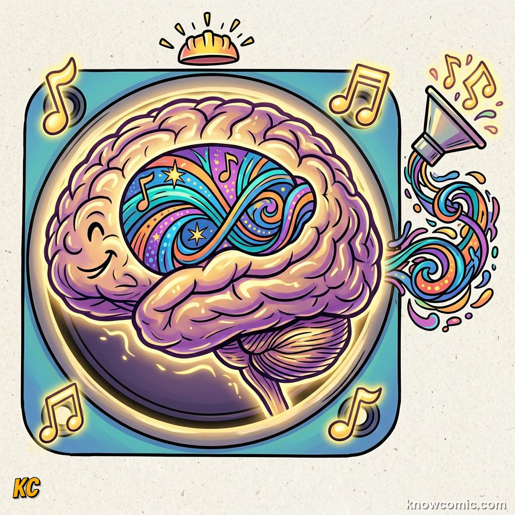 Comic illustration: brain enjoying music and rhythm