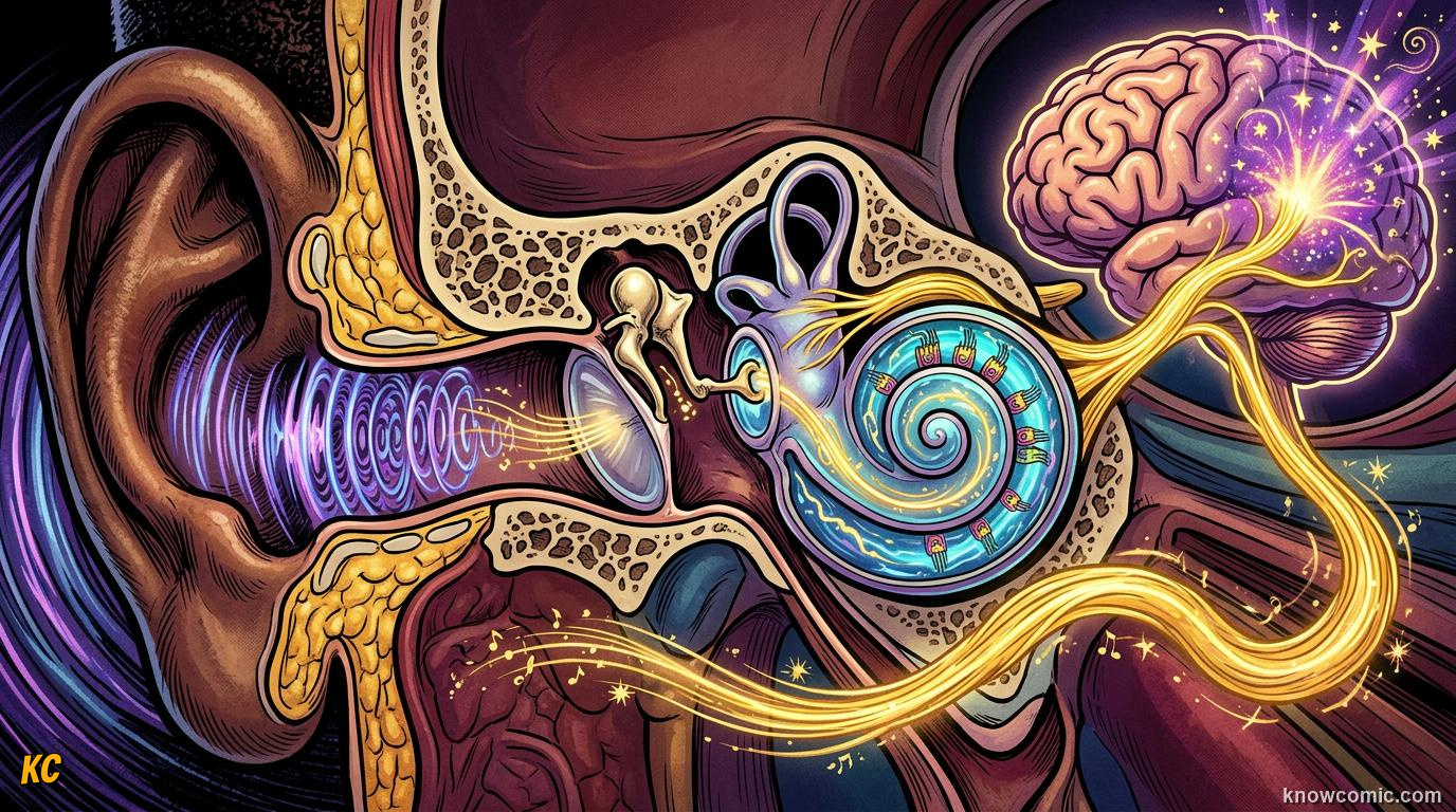 Comic illustration: full journey of sound from ear to brain recap