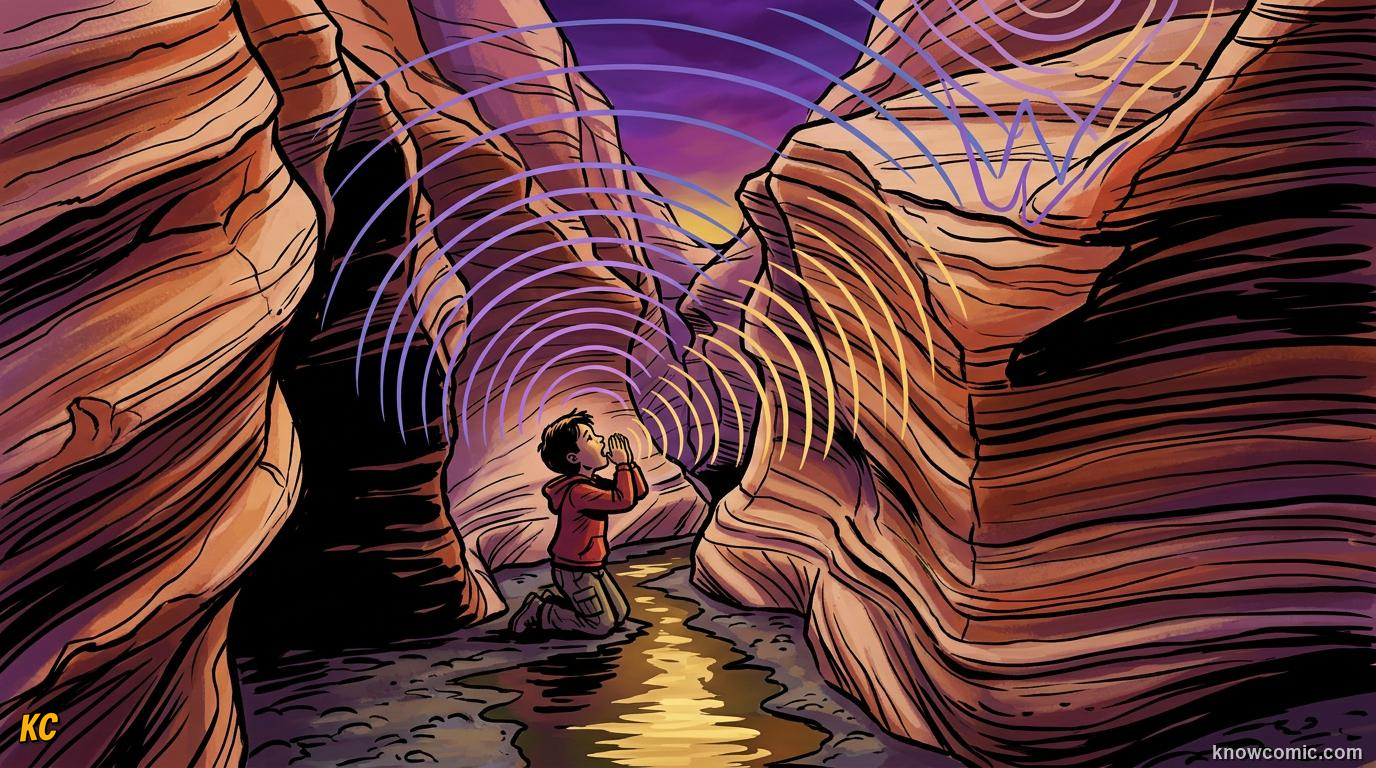 Comic illustration: a person shouting in a canyon and hearing their voice bounce back
