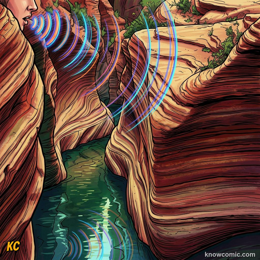 Comic illustration: a sound wave bouncing off a rock wall