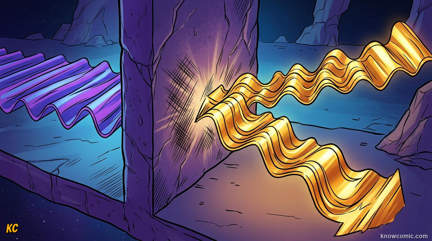 Comic illustration: sound waves reflecting off a cliff face and a building wall
