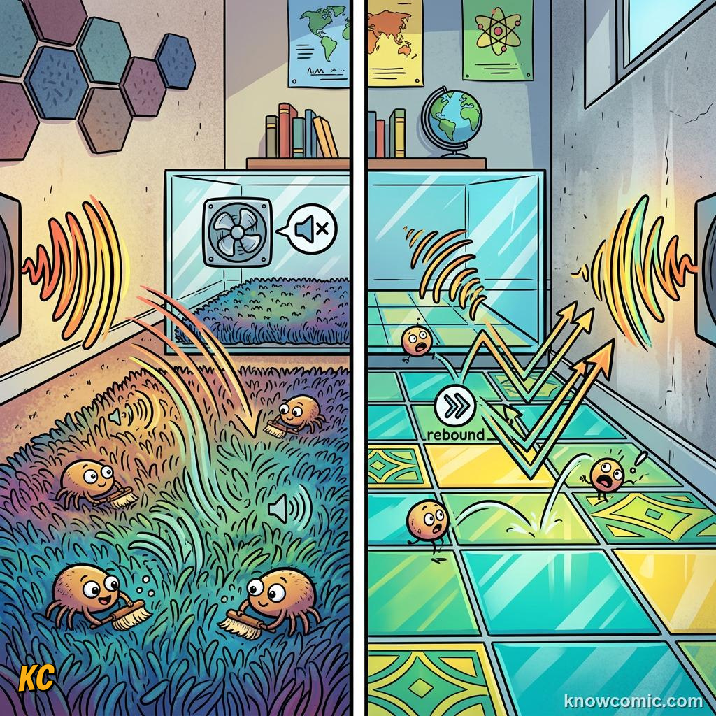 Comic illustration: bathroom tiles reflecting sound waves