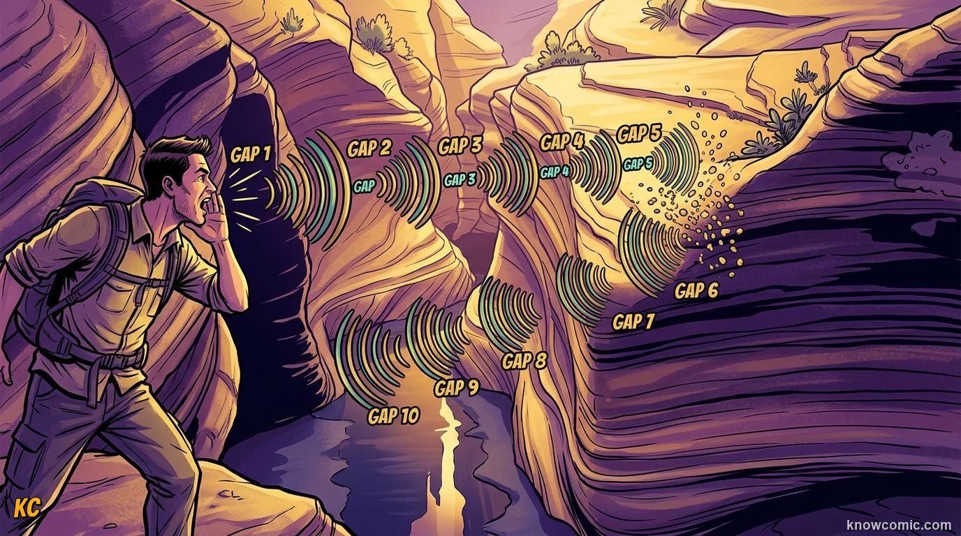 Comic illustration: timeline showing shout, travel, bounce, and delayed echo arrival